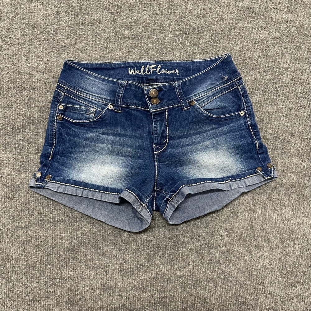 WallFlower Shorts Womens Size 7 Dark Wash Denim Cuffed Stretch Double Button